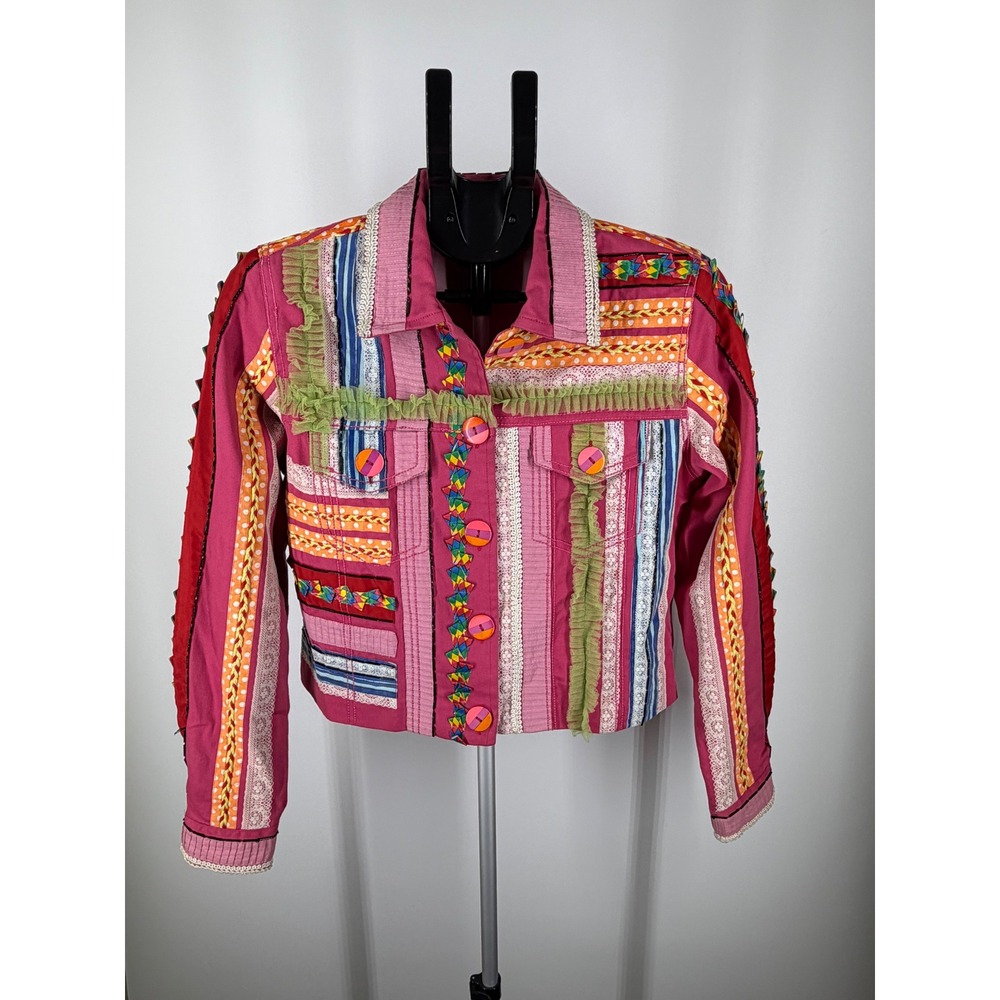 Minnies Closet Womens Pink Patchwork Denim Jacket Lace Ruffle Boho Medium